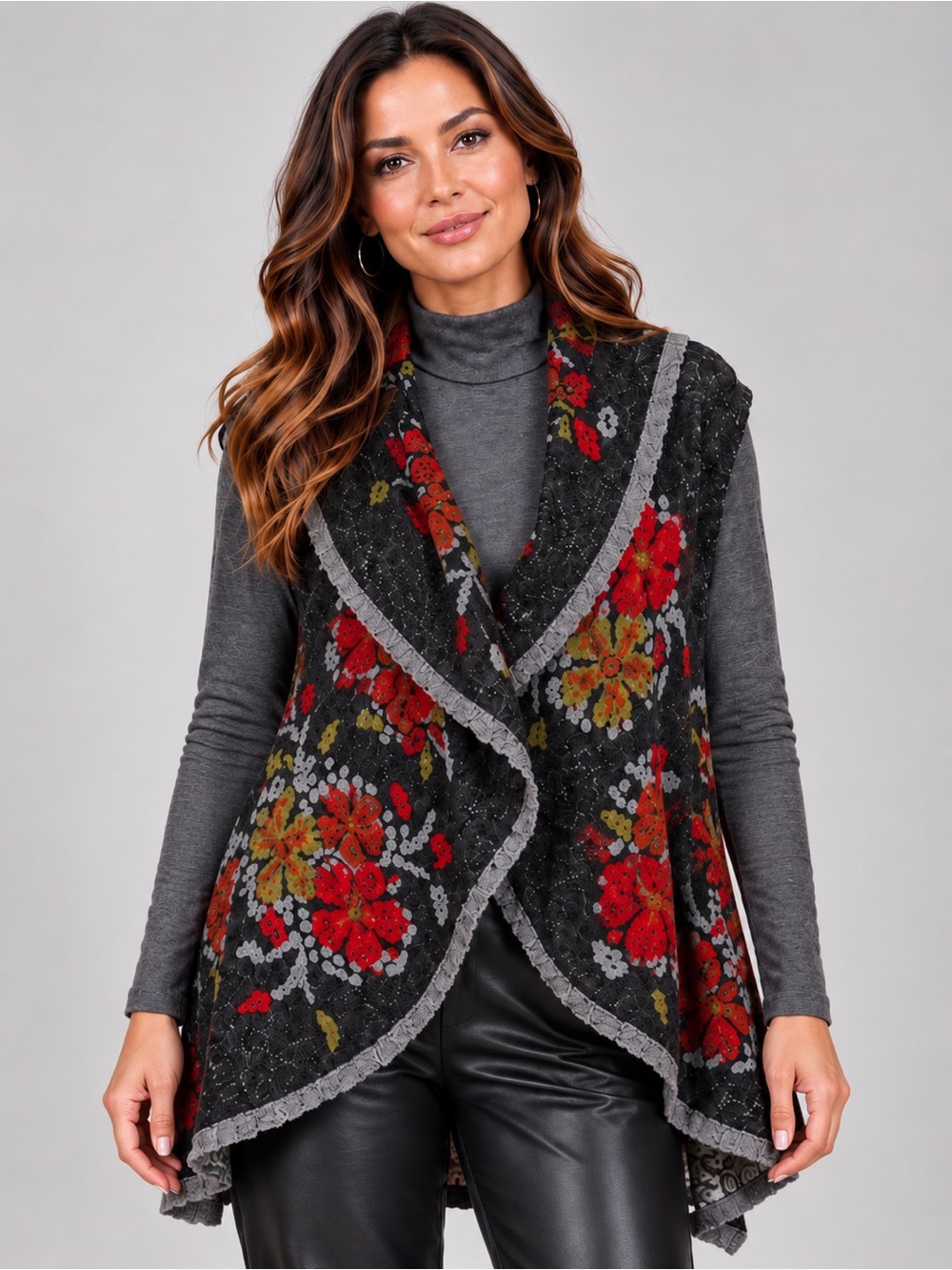 Floral Shawl Collar Sleeveless
Vest Gray Red Sherpa Trim embroidered open front